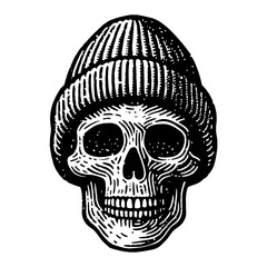 Obraz premium Creepy Human Skull with Knitted Beanie Hat Front View Black and White Outline Line Art Drawing Illustration