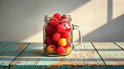 A glass jar filled with fresh raspberries and yellow berries on a rustic wooden table with sunlight - Powered by Adobe