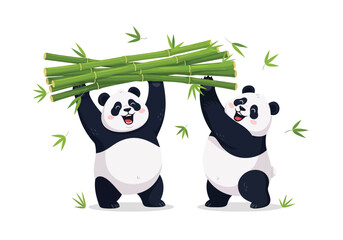 Two happy pandas holding a large bunch of bamboo stalks giant panda bear Vector illustration of