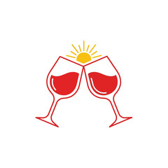 Two red wine glasses clinking with sunburst on white background toast Vector illustration of