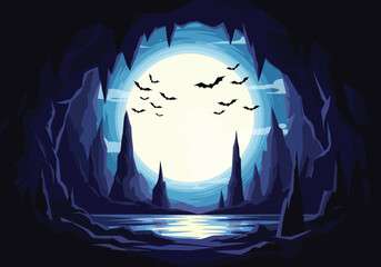 Pixel art cave entrance with full moon and flying bats night Vector illustration of