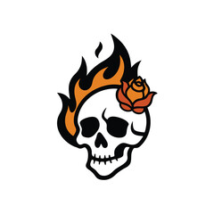 Flaming skull with burning roses in engraved line art for gothic tattoo vector design  