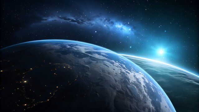 Dramatic view of Earth from space with stars and a nebula background