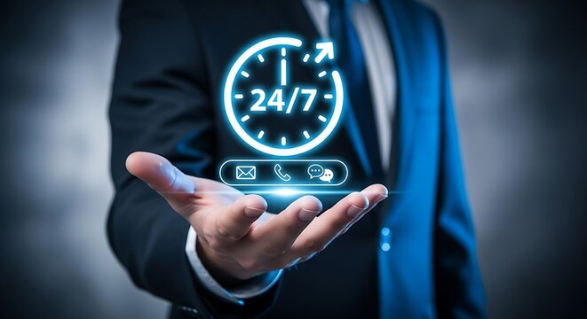 Professional offering customer service with communication icons representing modern support solutions - Powered by Adobe