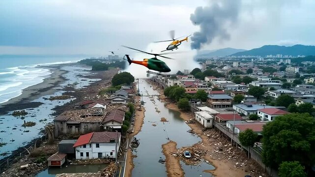 Aerial view of tsunami aftermath shows extensive damage and rescue efforts