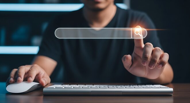 Person initiating online search on computer symbolizing digital exploration and internet access themes - Powered by Adobe