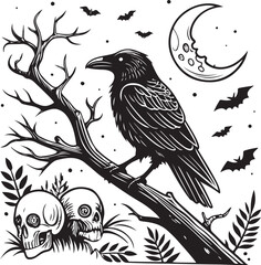 Gothic Raven on Tree with Skulls and Bats – Dark Halloween Night Vector Illustration
