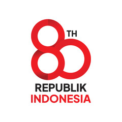 Red intertwined "80th" above "REPUBLIK INDONESIA" in bold black and red text, centered on a white background, creating a celebratory, graphic design.
