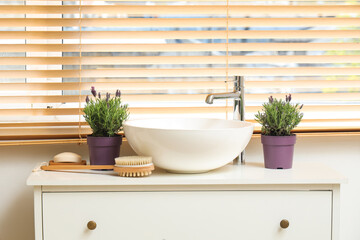 Pots with lavender flowers near sink in bathroom