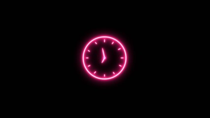 Neon 24 hour clock icon. Wall clock icon image. Neon sign clock icon  on black background.