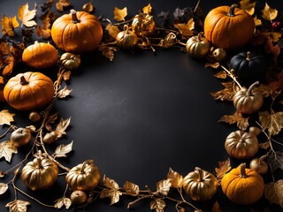 Halloween Elegant Frame  background with pumpkins and haunted house, Halloween background with Evil Pumpkin. Spooky scary dark Night forrest. Holiday event halloween banner background concept