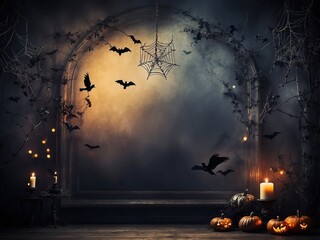 Halloween Elegant Frame  background with pumpkins and haunted house, Halloween background with Evil Pumpkin. Spooky scary dark Night forrest. Holiday event halloween banner background concept