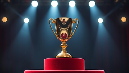 Shining gold trophy on velvet podium under dramatic spotlight at an award ceremony.