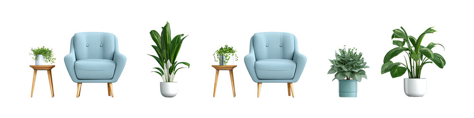 Arrangement of light teal armchairs and potted plants