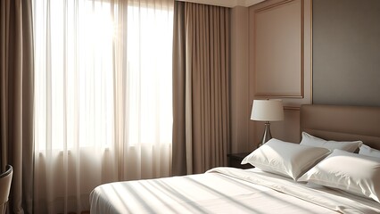 Stylish hotel room with crisp linens and morning sunlight filtering through sheer curtains.