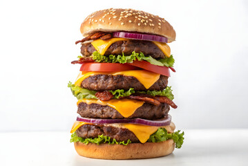 Stacked cheeseburger with bacon, tomato, and onion, perfect for restaurant menus and food blogs