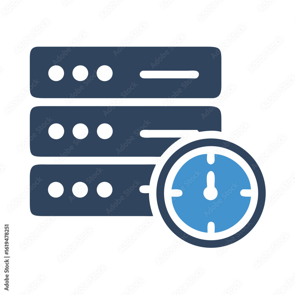Poster database server with clock face icon representing data management