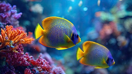 Obraz premium photo of Colorful Tropical Fish Swimming Near Coral Reef Underwater Scene Brightly Lit