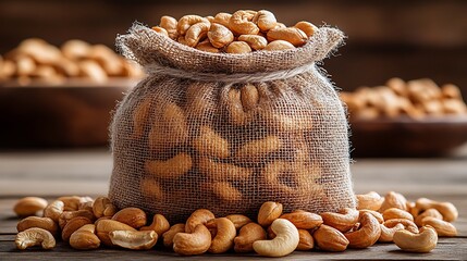 A sack filled with cashews sits on a wooden surface.