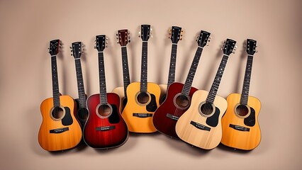Six acoustic guitars arranged in a fan formation on a neutral background with subtle studio shadows.