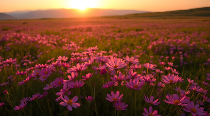 sunset in the pink flowers field.