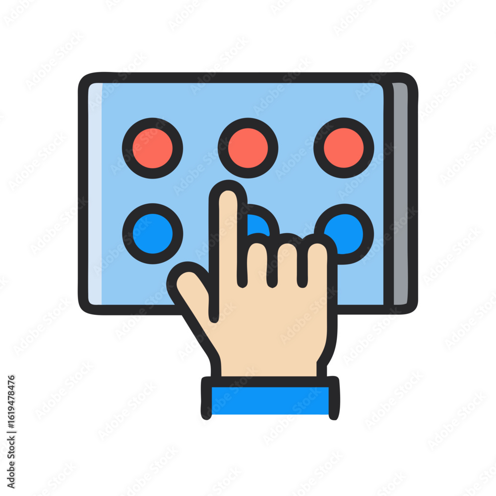 Poster interactive touchscreen interface with finger pressing a specific button