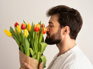 Bearded man smelling tulips in profile