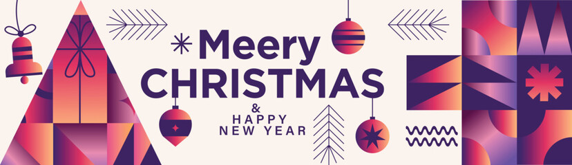 Merry Christmas Gradient Geometric Pattern Banner with Modern Typography and Colorful Festive Ornaments and Snowflakes Holiday Greeting Background Design	