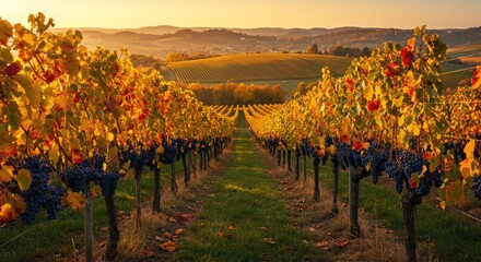 Golden vineyard rows stretch towards a distant horizon at sunset.
