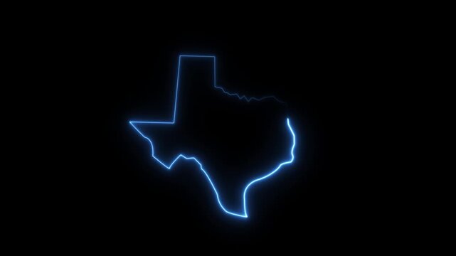 Texas state outline glows with electric blue light illuminating patriotism and pride on black