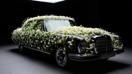Vintage black car covered in white flowers