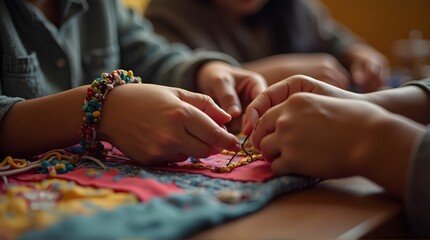 Hands working on craft project making beaded jewelry together creative hobby