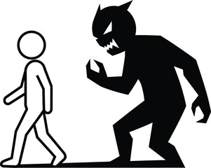 Stick figure walking away from monster shadow fear and anxiety art