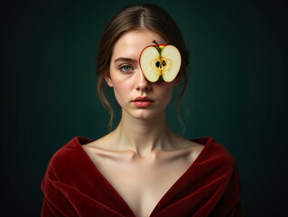 Woman covering eye with half an apple