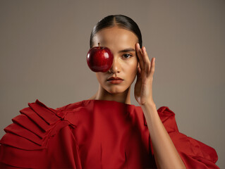 Woman with red apple near her face