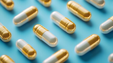 Elegant Pharmaceutical: White and Gold Capsules on Light Blue Background