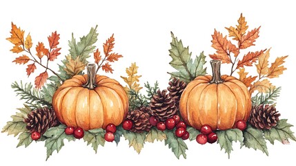 Autumnal arrangement of pumpkins, leaves, and berries.