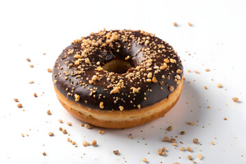 Indulge in a delightful chocolate donut topped with crunchy nuts, the perfect sweet treat