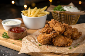 Crispy fried chicken with fries and dipping sauces ready to be served for a delicious meal
