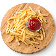 Crispy golden french fries with tangy ketchup on wooden board invite casual indulgence and satisfying snack
