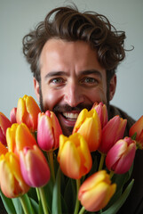 Smiling man hiding behind tulip bouquet
