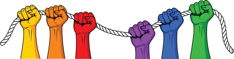 Rainbow hands holding rope together unity strength collaboration team