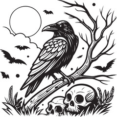 Gothic Raven on Tree with Skulls and Bats – Dark Halloween Night Vector Illustration
