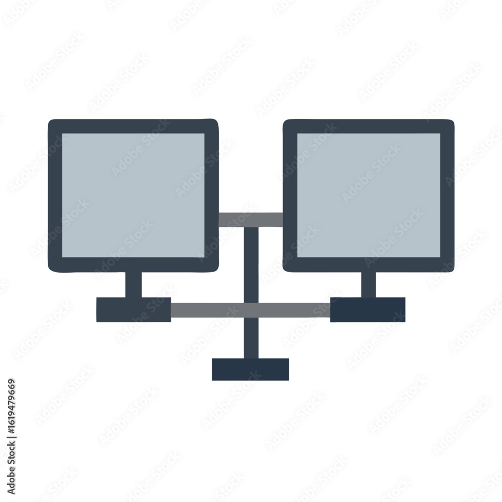 Poster two computers networked together with cable connection icon flat