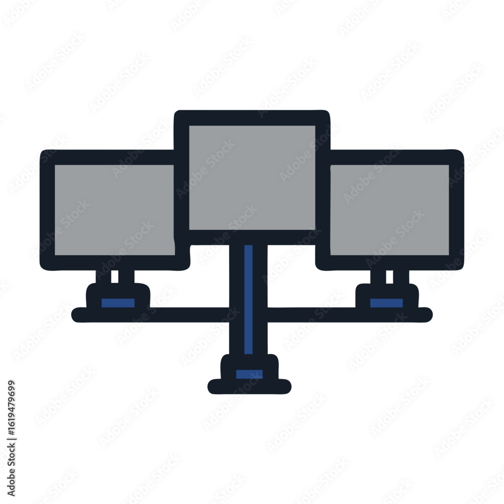 Poster three computer screens mounted on a single vertical stand