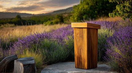 Wooden podium in a lavender field at sunset with soft light