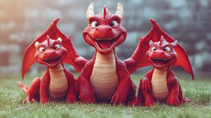 Three cheerful, cartoon dragons sit on a grassy patch.