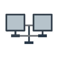 Two computers networked together with cable connection icon flat