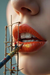 Mini crew applying lipstick with scaffolding
