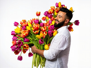 Man smiling with giant tulip bouquet